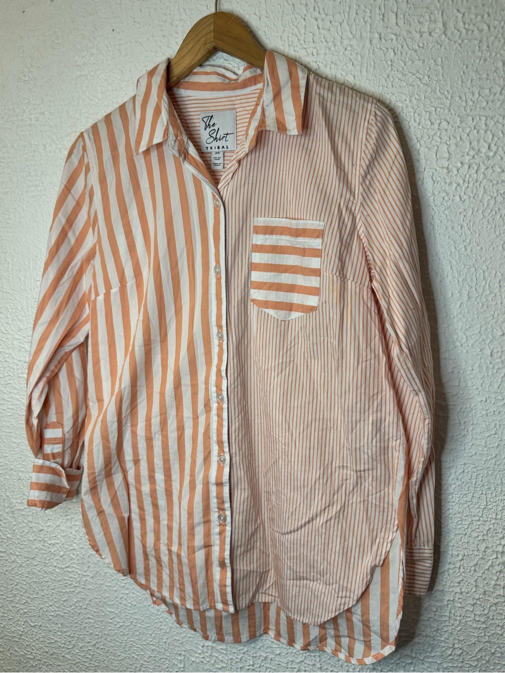 Tribal Peach and White Striped Button-Down Shirt